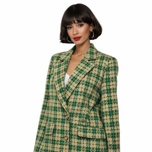 NEW ENTRO The Ashley Plaid Tweed Houndstooth Double Breasted Blazer Jacket Coat